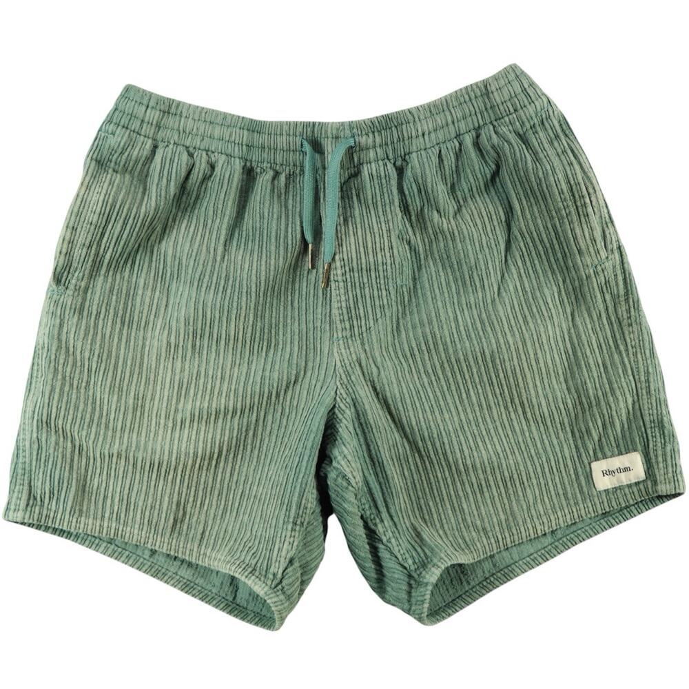 Rhythm Classic Cord Jam Shorts Mens 30 Green Corduroy Elastic Drawstring Faded